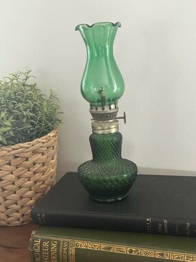 Mini Small Green Diamond-Pattern Glass Oil Lamp Hurricane top 8.5”H